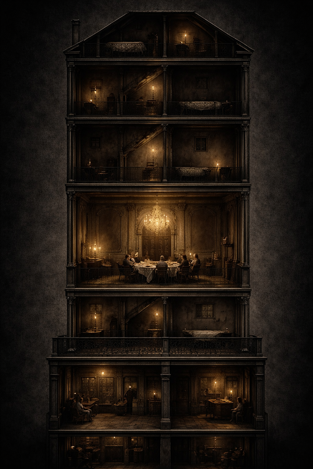 A Haussmann building cross-section — the grand piano nobile glows on the second floor, darkness and poverty increase as the floors rise